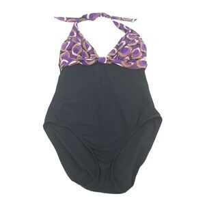 Kenneth Cole Halter Top One Piece Swimsuit Size 6 Womens Purple Cream Black M